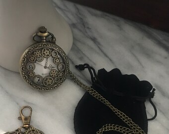 Steampunk Pocket Watch | Bronze Gears Pocket Watch | Bonus Steampunk Cogs Keychain | Victorian Pocket Watch | Father’s Day Gift | Quartz