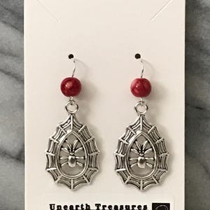 Spiderweb with Spider Dangle Earrings | Gothic Spider Web Earrings | Silver Spider Web Earrings | Handmade Halloween Teardrop Earrings