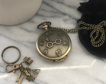 Harry Potter Pocket Watch and Keychain Set | Antique Bronze Magic School Quartz Pocket Watch | Hogwarts Watch | Harry Potter Keychain