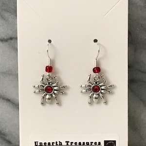 Spider Dangle Earrings | Gothic Spider with Red Rhinestone | Silver and Red Spider Earrings | Handmade Halloween Earrings and Accessories