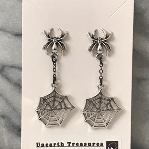 Spiderweb with Spider Dangle Earrings | Gothic Spider Web Earrings | Silver Spider Web Earrings | Handmade Halloween Earrings & Accessories