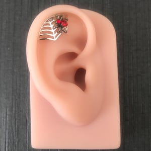 Spiderweb Cartilage Earring | 18G Silver Spider Web Helix Earring With or Without Red or Black Rhinestone Spider | Gothic Spider Web Earring