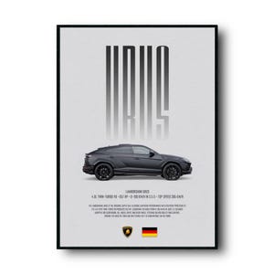 May include: A framed poster featuring a dark gray Lamborghini Urus SUV. The poster includes the text "URUS" in large, stylized letters at the top. Below the car are specifications: 4.0L Twin-Turbo V8 - 657 HP - 0-100 KM/H in 3.5 S - Top Speed 305 KM/H.