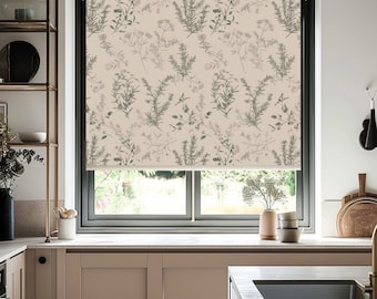 Beige Blackout Roller Blind, Custom Window Shade, Botanical Floral Curtain, French Door Blind