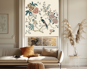 Chinoiserie Roller Blinds Prints, Beige Backround Birds Pattern Roller Shades, Flowers Personalized Shades for Door Custom Window Treatments