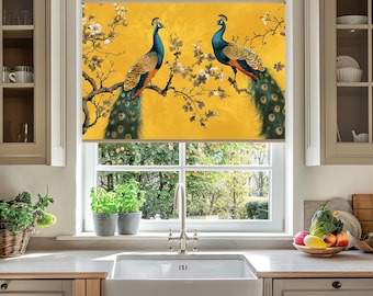 Vintage Yellow Chinoiserie Blackout Shade, Floral Roller Shades for Door, Botanical Window Blinds and Shades, Custom Window Treatments