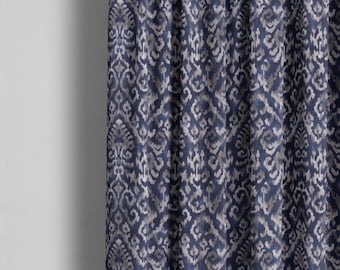 May include: Blue and gray patterned curtain fabric with a damask design.