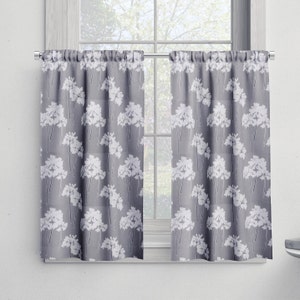 Cafe curtains, gray floral curtains, cafe curtains with flowers, floral cafe curtains, gray cafe curtains, magnolia serenity storm curtains