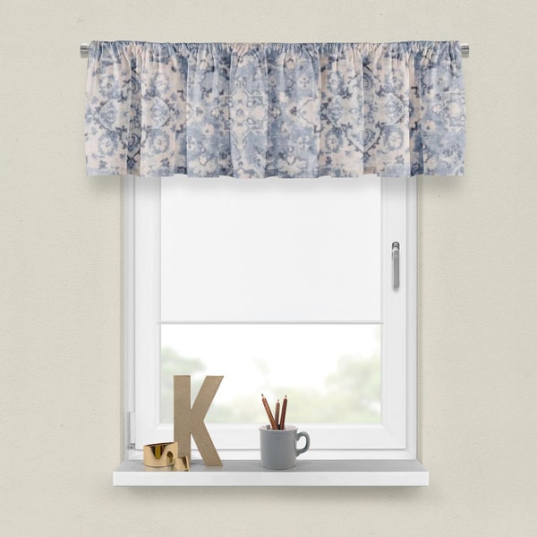 Blue damask valance, covington benbrook bluebell valance, blue white valance, blue beige valance, damask valance, covington valance