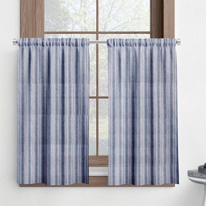 Blue Stripe Cafe Curtains: Magnolia Brunswick Fabric, Unlined Panels
