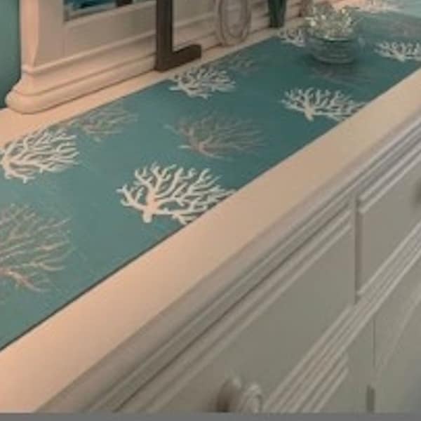 Coral table runner, blue coral table runner, beach table runner, teal table runner, coral print table runner, teal and white table runner