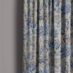 toile curtains, blue toile curtains, blue and cream curtains, STOF curtains, festin bleu curtains, toile blue curtains, cream blue curtains