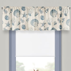 shells valance, beach valance, blue shells valance, shells decor, shells print, blue tan shells valance, blue valance