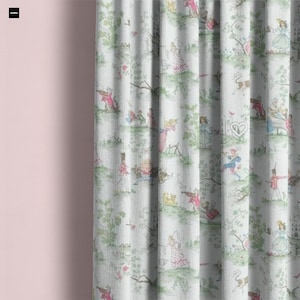 Cortinas con rimas infantiles: tela de algodón rosa, verde y blanca
