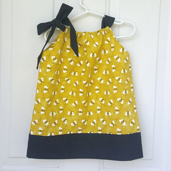 Yellow bees dress, pillowcase dress, yellow pillowcase dress, yellow and black dress, bees print dress for girls, pillow case dress