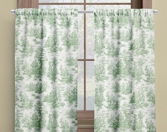 Cafe curtains, toile cafe curtains, green white curtains, green toile cafe curtains, cafe style curtains, toile curtains, curtain panels