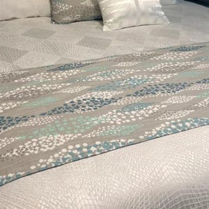 Premier Prints Angelo Fountain bed runner, gray and teal bed runner, teal bed scarf, blue bed scarf, gray and white bed runner