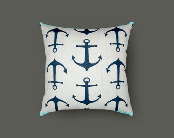 Blue white pillow cover, anchor pillow cover, anchor cushion cover, white blue cover, anchors pillow decor, nautical pillow cover