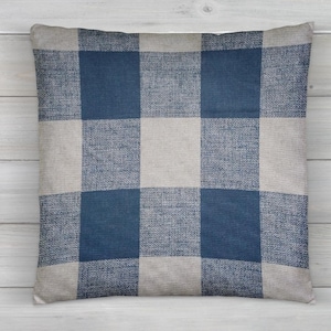blue buffalo check pillow cover, blue buffalo plaid pillow cover, blue linen pillow cover, farmhouse pillow cover, beige blue pillow cover