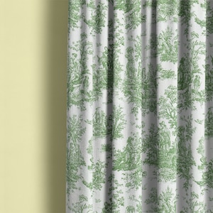 toile curtains, green toile curtains, colonial pine curtains, green white toile curtains, green curtains, toile curtain panels