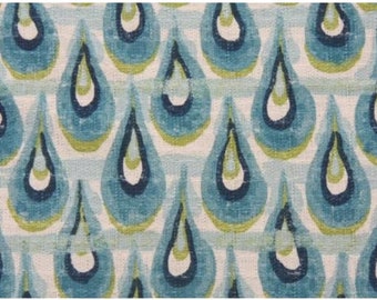 May include: Close-up of a fabric with a repeating pattern of teal, blue, and green teardrop shapes. The teardrops have a watercolor effect and are set against a light background with subtle vertical stripes.