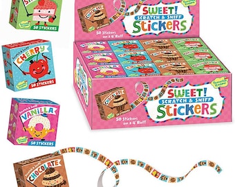 May include: A set of four rolls of scratch and sniff stickers with different sweet scents. Each roll has 50 stickers and features a different sweet treat, including strawberry, cherry, vanilla, and chocolate. The rolls are packaged in a pink box with the words "Sweet! Scratch & Sniff Stickers" printed on it.
