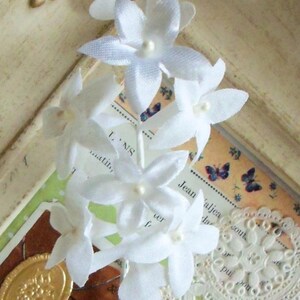 Vintage Millinery / Cotton & Organdy Fairy Trumpet Flowers / White / Pearlized Flower Center Stamens / Five Sprigs / Fabric Flowers