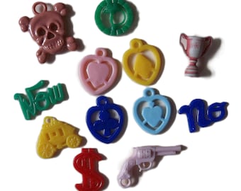 One Dozen / Vintage Plastic Charms / Variety / Vending Machine Prize / Collectible / Gift / Jewelry Making / Twelve Items