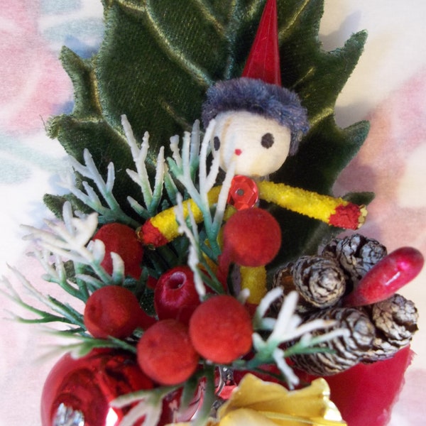 Handmade Christmas Corsage / Made with Vintage Craft Supplies / Velvet Holly Leaf / Glass Bell / Plastic Bells / Pine Cones / Elf Figure