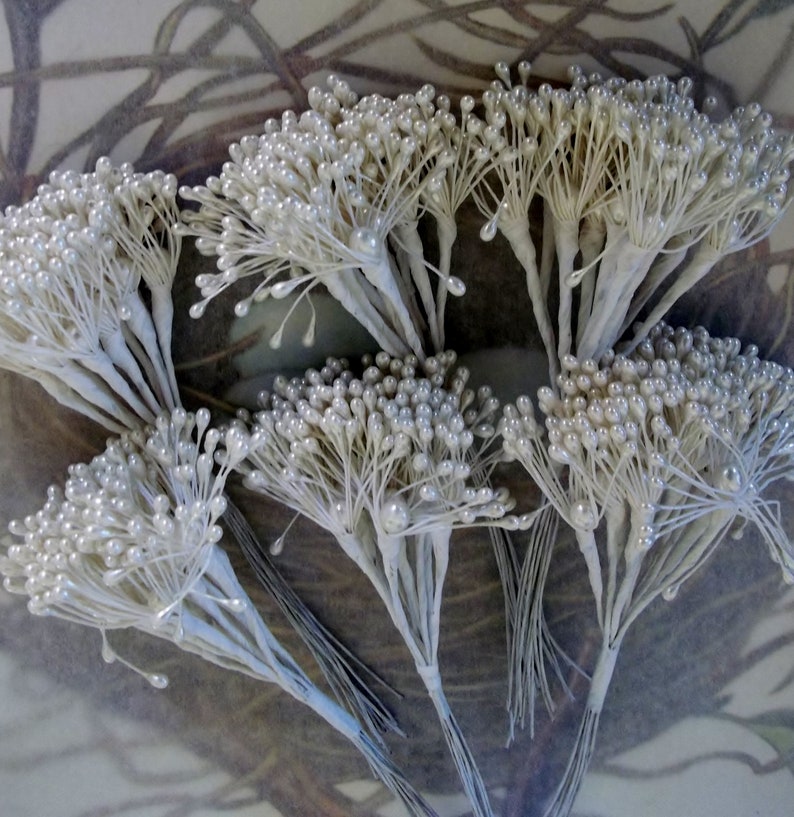 Vintage Millinery Flower Centers / Floral Pips-Peps / Pearlized Aged White / Stamen / Six Bunches of Twelve Stems / 72 Clusters image 8