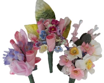 Three Handmade Corsages / Vintage Craft Supplies / Millinery Flowers / Velvet Leaves / Forget Me Nots