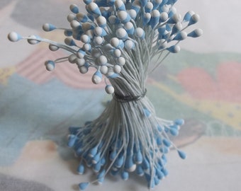 Vintage Millinery / Double-Ended Floral Stamens / Two Tone Flower Centers / Light Blue Tipped with White / Flower Making Supplies