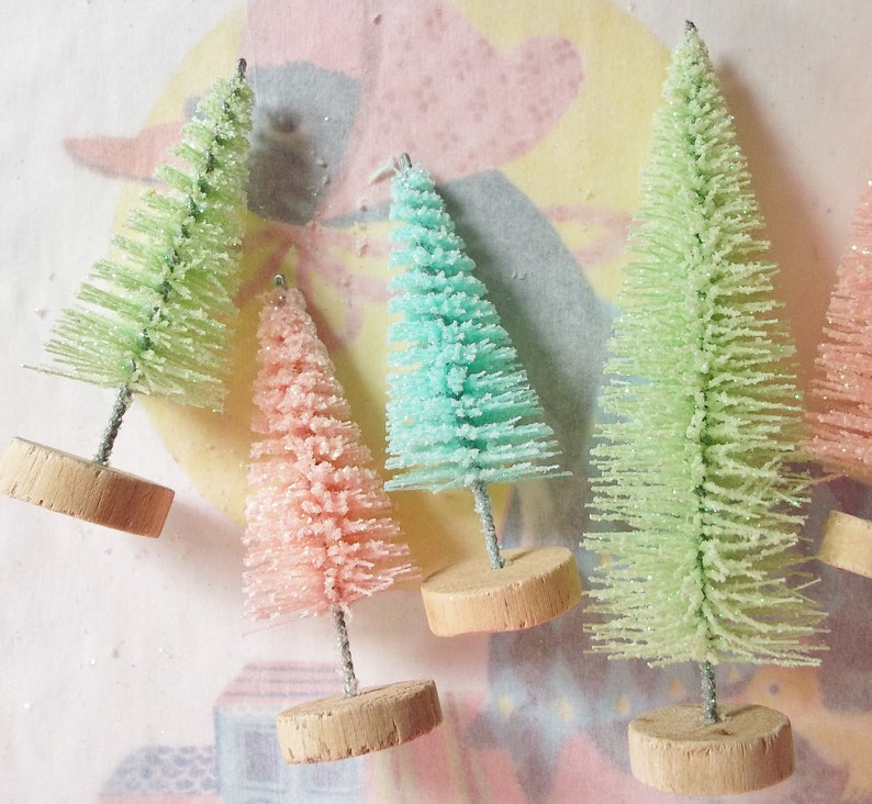 Six / Easter Bottle Brush Trees / Vintage Style / Retro Charm / Scenemakers / Two Sizes / Pastels / Variety / Welcome Spring image 3