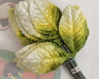 Vintage Millinery Supplies / Variegated Velvet Rose Leaves / Twelve Stems / Thirty Six Leaves / Ombre / Embossed / Corsage