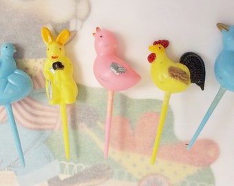 Five / Vintage / Easter Cupcake Picks / Kitschy / Vignettes / Sugared Eggs / One Each / Bunny / Rooster / Duck / Chick & Chick in Egg