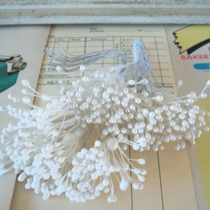 May include: A bundle of white floral stems with pearl-like accents. Each stem features small, round, white beads clustered together, creating a delicate, textured appearance. The stems are tied together with thin, silver wires and a light blue string.