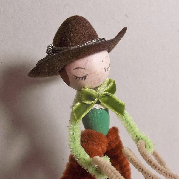 Handmade / Pipe Cleaner Cowgirl Figure / Vintage Craft Supplies / Vintage Spun Cotton Head / Flocked Cowboy Hat / Forget Me Nots