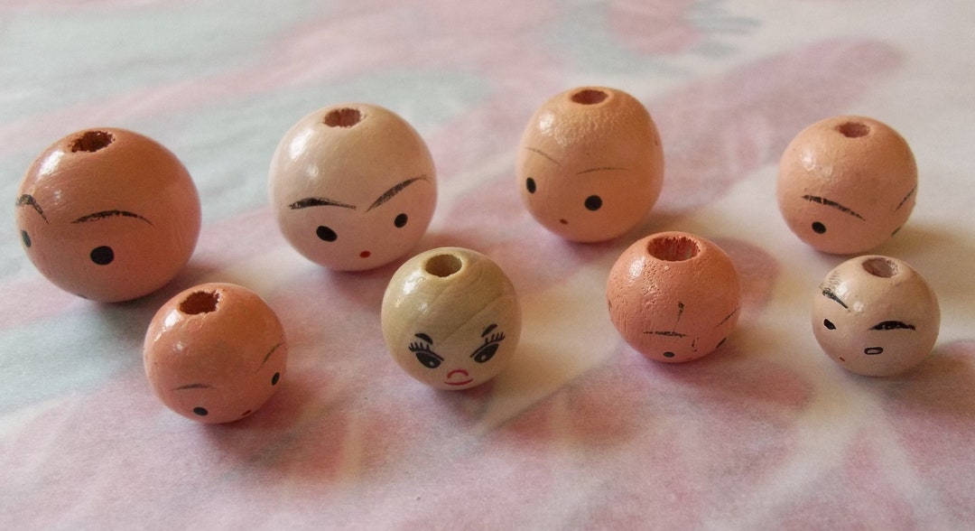 Vintage / Wooden Doll Heads / Hand Painted Faces / Eight Items