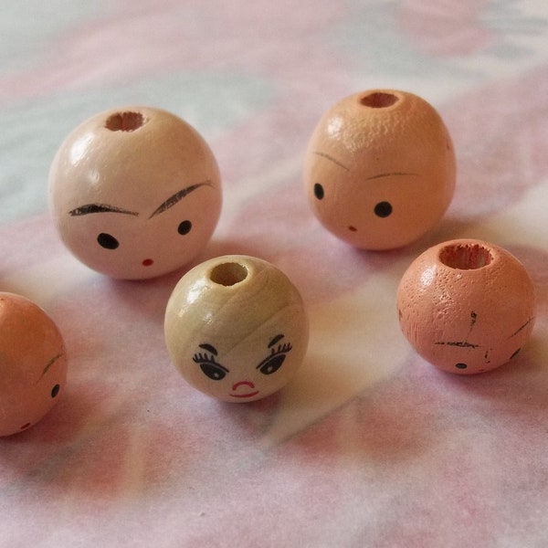 Vintage / Wooden Doll Heads / Hand Painted Faces / Eight Items / Variations / Variety / Wood Beads