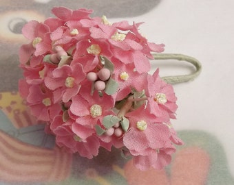 Sale.  Vintage Millinery / Miniature Hydrangea Bouquet / Rose Pink / Cotton Fabric / Paper Wrapped Wire Stems / Retro Charm