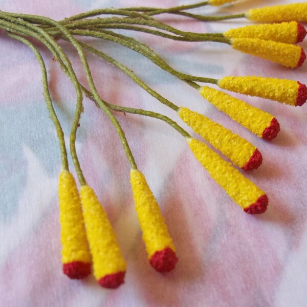 Vintage Millinery / Pistils / Yellow and Red / Twelve / May Be Used As Replacement Candles for Vintage Christmas Decorations