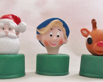 Vintage / Plastic Bottle Toppers / Set of Three / Elf / Santa Claus & Reindeer