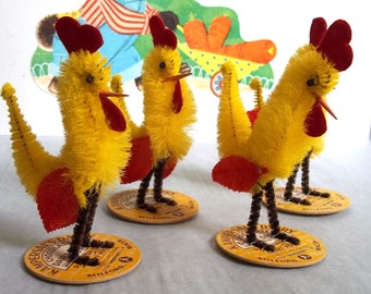 Four Items / Bump Chenille Roosters / Handmade / Made using Vintage Craft Supplies / Bumpy Chenille / Easter Decorations / Party Favors