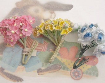 Vintage Millinery / Artificial Flowers / Three Bunches / Forget Me Nots / Miniature Roses & Hydrangea / 1950s / Corsage / Floral Sampler