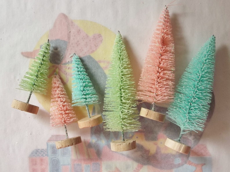 Six / Easter Bottle Brush Trees / Vintage Style / Retro Charm / Scenemakers / Two Sizes / Pastels / Variety / Welcome Spring image 5