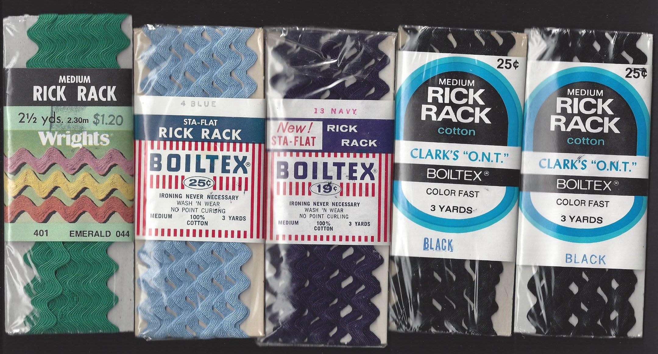 Vintage / Rick Rack / Five Packages / Black / Emerald Green / Etsy