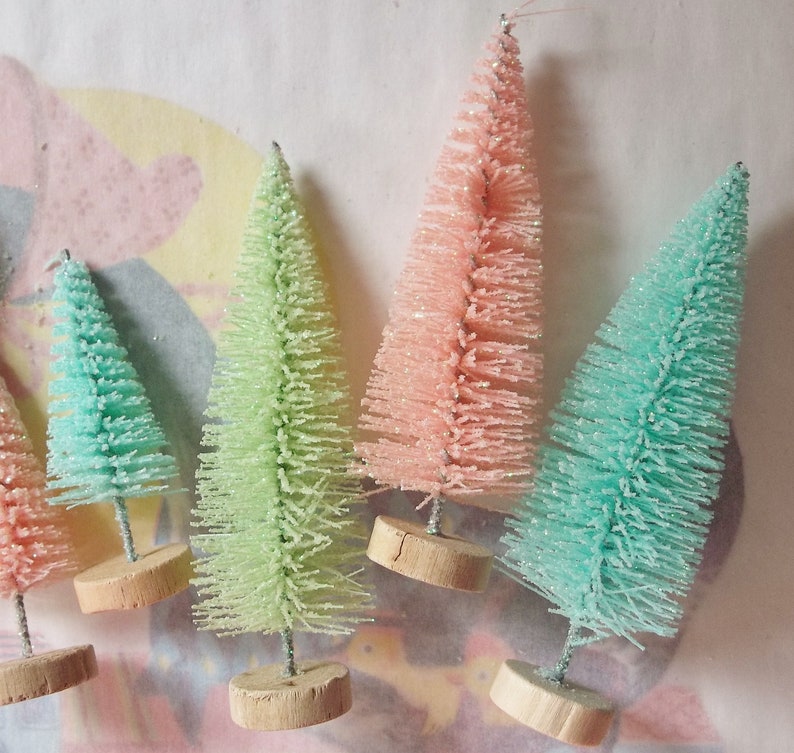 Six / Easter Bottle Brush Trees / Vintage Style / Retro Charm / Scenemakers / Two Sizes / Pastels / Variety / Welcome Spring image 4