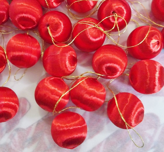 Vintage Miniature Red Satin Ball Ornaments: Gold Thread, 12 PCS