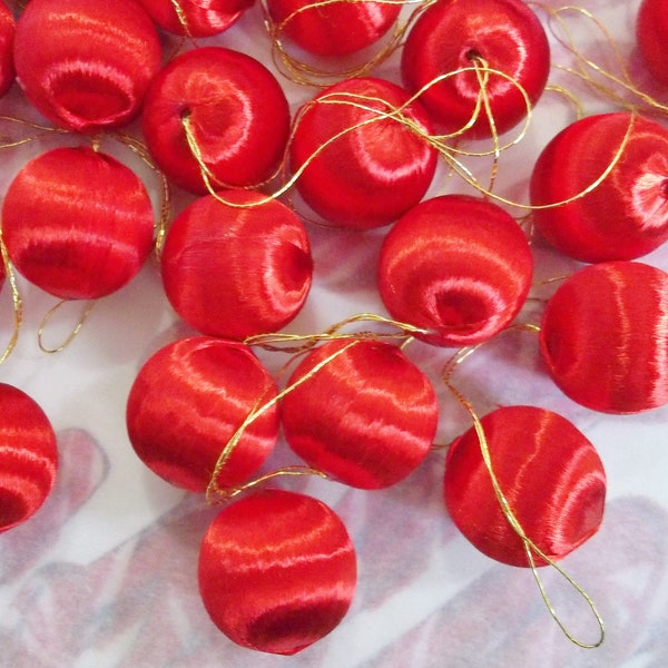 Vintage / Miniature Red Satin Ball Ornaments / One Dozen / Gold Threading / 7/8" Diameter / Retro Kitsch / 12 PCS.