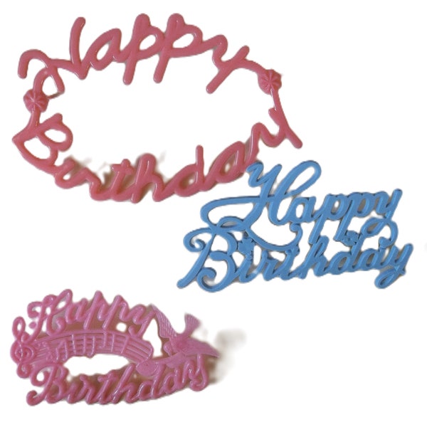 Set of Three / Vintage / Happy Birthday / Birthday Cake Toppers / Plastic / 1960s / Retro Kitsch / Script / Pinks & Blue / Song Bird